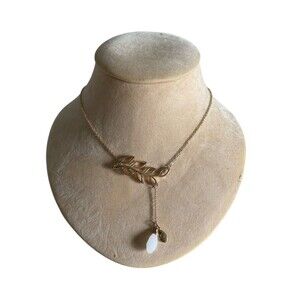 Bansri Gold Leaf Y Necklace with White Teardrop Pendant Layered Jewelry Design